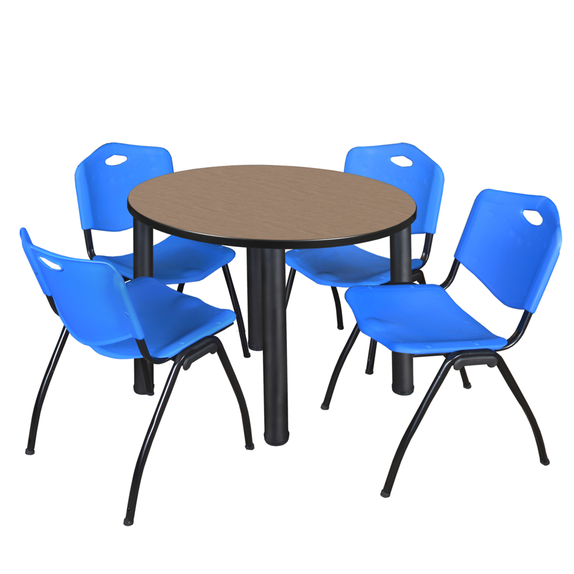 Regency Kee 36in. Round Breakroom Table with Noble Oak/Black Finish and 4 Blue 'M' Stack Chairs, Model# TB36RNDNOBPBK47BE
